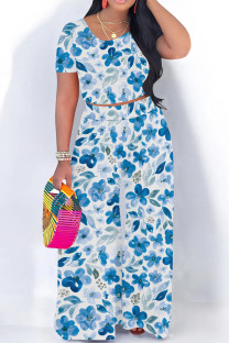 Blue Casual Print Patchwork O Neck Short Sleeve Two Pieces