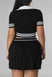 White Elegant Letters Patchwork Pleated Contrast V Neck Short Sleeve Two Pieces
