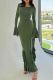 Green Elegant Solid Color Patchwork Strap Design Ruffled Trim O Neck Long Dresses