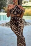Leopard Print Sexy Leopard Print Hollow Out Patchwork Backless Halter Long Dresses