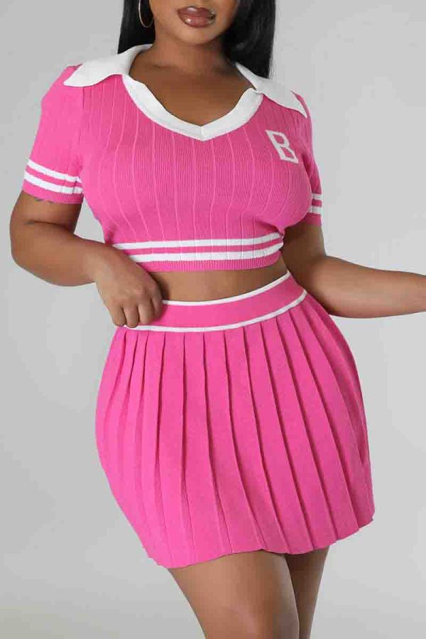 Rose Red Elegant Letters Patchwork Pleated Contrast V Neck Short Sleeve Two Pieces