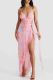 Pink Sexy Print Patchwork Backless High Slit Ruched Strap Design Halter Irregular Dresses