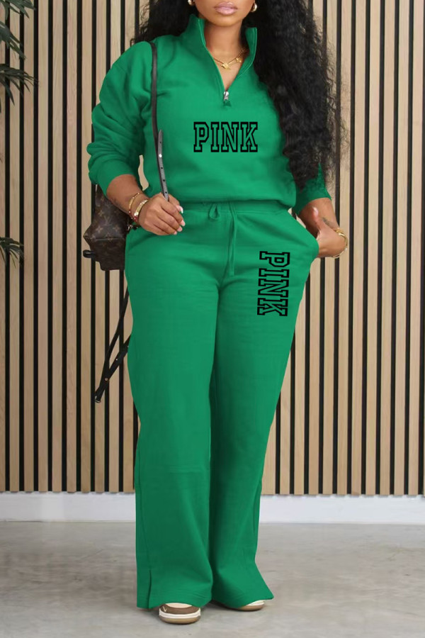 Green Casual Street Letter Print Pocket Zipper Turndown Collar Long Sleeve Two Pieces