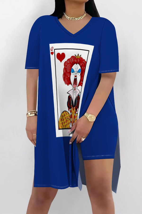 Blue Casual Print Patchwork Slit O Neck Short Sleeve Two Pieces