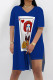 Blue Casual Print Patchwork Slit O Neck Short Sleeve Two Pieces