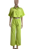 Green Casual Solid Color Buckle Patchwork Turndown Collar Half Sleeve Two Pieces