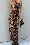 Leopard Print Sexy Leopard Print Hollow Out Patchwork Backless Halter Long Dresses