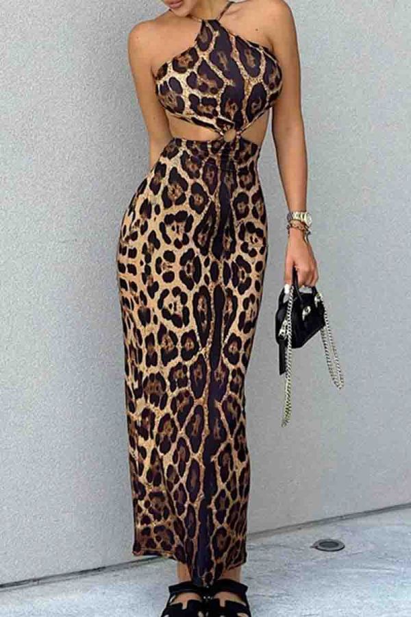 Leopard Print Sexy Leopard Print Hollow Out Patchwork Backless Halter Long Dresses