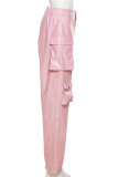 Black Casual Solid Color Pocket Straight High Waist Conventional Solid Color Trousers