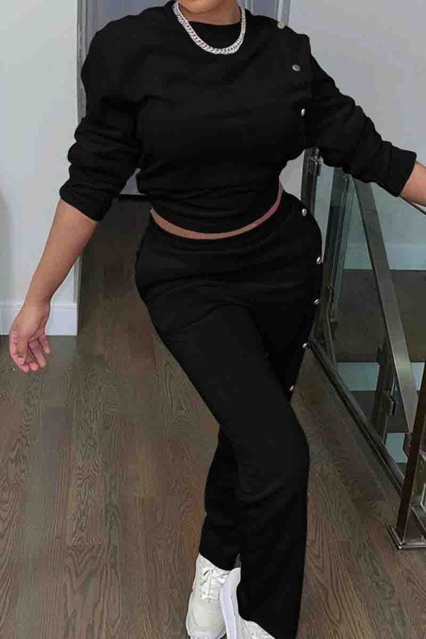 Black Casual Solid Color Buckle Patchwork O Neck Long Sleeve Two Pieces