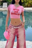 Pink Casual Letters Patchwork O Neck T-Shirts