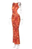 Tangerine Red Elegant Print Patchwork Backless Strap Design Halter Long Dresses
