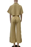 Green Casual Solid Color Buckle Patchwork Turndown Collar Half Sleeve Two Pieces