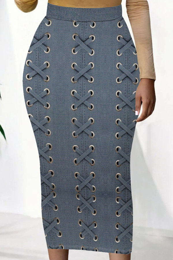 Blue Sexy Print Patchwork Skinny High Waist Positioning Print Bottoms