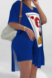 Red Casual Print Patchwork Slit O Neck Short Sleeve Two Pieces