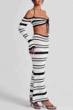 White Elegant Stripe Patchwork Backless Strap Design Halter Long Sleeve Two Pieces