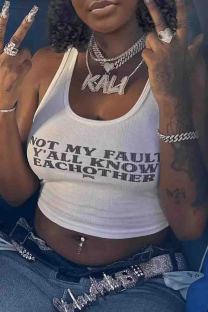 White Sexy Letters Patchwork U Neck Tops
