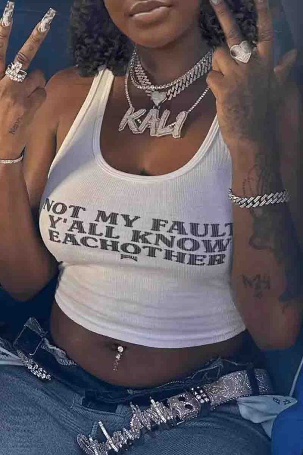 White Sexy Letters Patchwork U Neck Tops