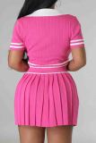White Elegant Letters Patchwork Pleated Contrast V Neck Short Sleeve Two Pieces