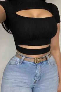 Black Sexy Solid Color Hollow Out Patchwork O Neck T-Shirts