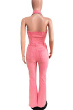 Pink Street Solid Color Pocket Buckle Patchwork Turndown Collar Sleeveless Regular Denim Jumpsuits