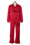 Red Casual Street Letter Print Pocket Zipper Turndown Collar Long Sleeve Two Pieces