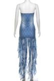 Blue Sexy Print Fringed Trim Patchwork Backless Strapless Irregular Dresses