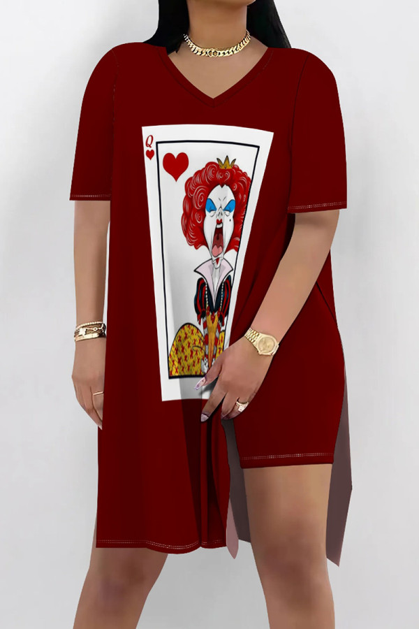 Red Casual Print Patchwork Slit O Neck Short Sleeve Two Pieces