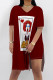 Red Casual Print Patchwork Slit O Neck Short Sleeve Two Pieces