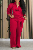 Red Casual Daily Letter Print Pocket Zipper Turndown Collar Long Sleeve Two Pieces