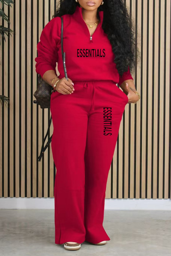 Red Casual Daily Letter Print Pocket Zipper Turndown Collar Long Sleeve Two Pieces