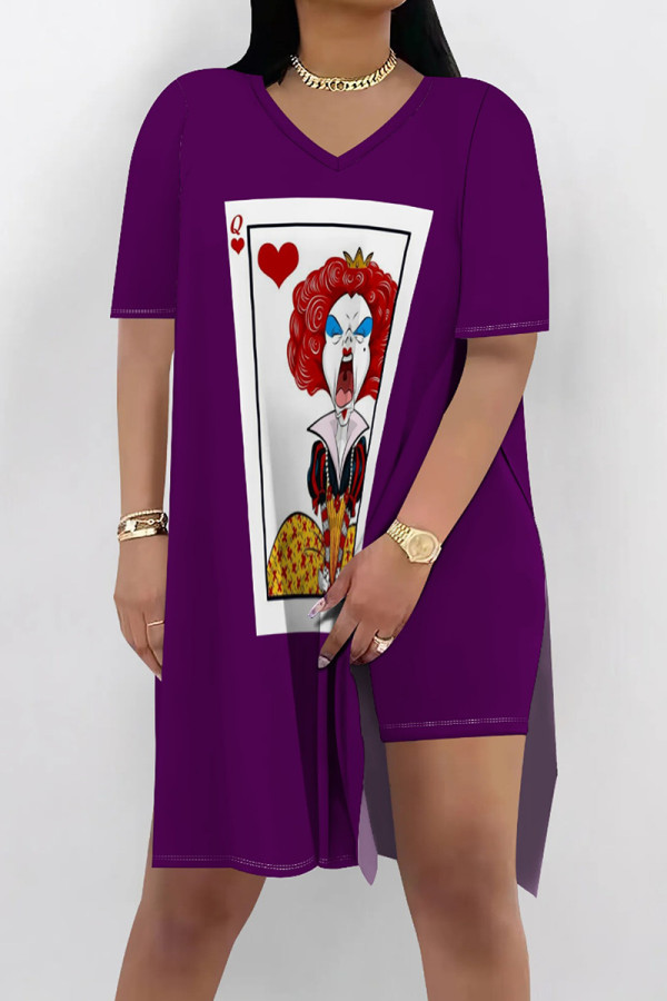 Purple Casual Print Patchwork Slit O Neck Short Sleeve Two Pieces