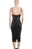 Black Sexy Solid Color Sequins Patchwork Backless Slit Spaghetti Strap Sling Dresses