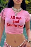 Pink Casual Letters Patchwork O Neck T-Shirts