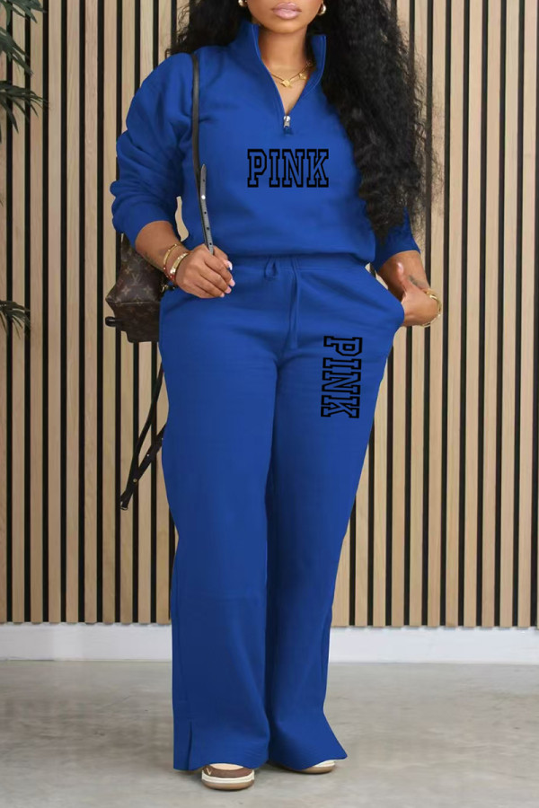 Blue Casual Street Letter Print Pocket Zipper Turndown Collar Long Sleeve Two Pieces