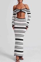 White Elegant Stripe Patchwork Backless Strap Design Halter Long Sleeve Two Pieces