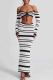 White Elegant Stripe Patchwork Backless Strap Design Halter Long Sleeve Two Pieces