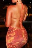 Tangerine Red Elegant Print Patchwork Backless Strap Design Halter Long Dresses