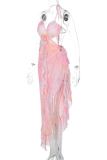 Pink Sexy Print Patchwork Backless High Slit Ruched Strap Design Halter Irregular Dresses