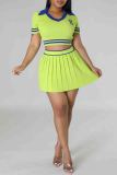 White Elegant Letters Patchwork Pleated Contrast V Neck Short Sleeve Two Pieces
