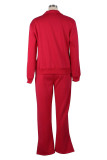 Red Casual Daily Letter Print Pocket Zipper Turndown Collar Long Sleeve Two Pieces