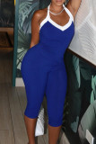 Blue Sexy Patchwork Backless Contrast Halter Sleeveless Two Pieces