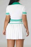 White Elegant Letters Patchwork Pleated Contrast V Neck Short Sleeve Two Pieces