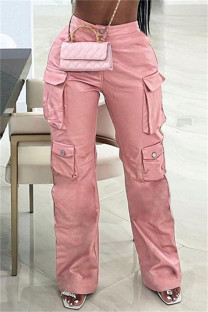 Pink Casual Solid Color Pocket Straight High Waist Conventional Solid Color Trousers