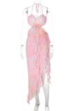 Pink Sexy Print Patchwork Backless High Slit Ruched Strap Design Halter Irregular Dresses