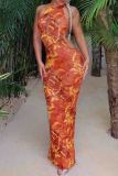 Tangerine Red Elegant Print Patchwork Backless Strap Design Halter Long Dresses