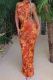 Tangerine Red Elegant Print Patchwork Backless Strap Design Halter Long Dresses
