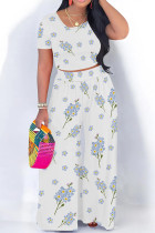 Blue White Casual Print Patchwork O Neck Short Sleeve Two Pieces