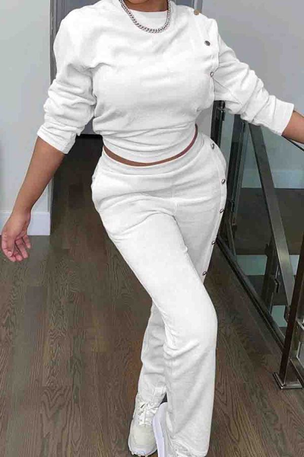 White Casual Solid Color Buckle Patchwork O Neck Long Sleeve Two Pieces