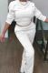 White Casual Solid Color Buckle Patchwork O Neck Long Sleeve Two Pieces
